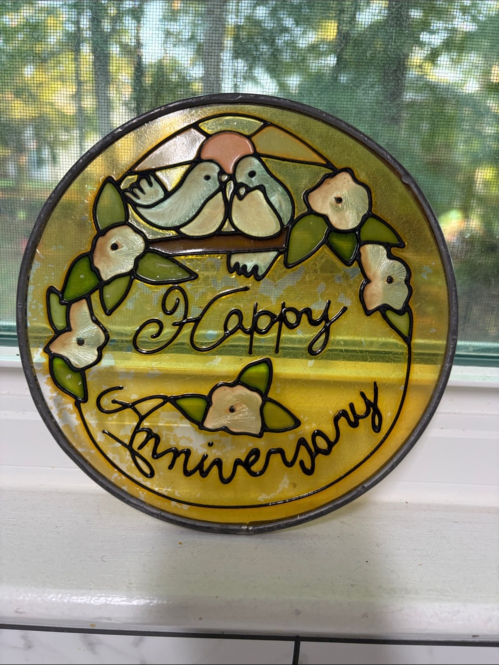 Happy Anniversary Yellow Stained Glass Decorative Plaque